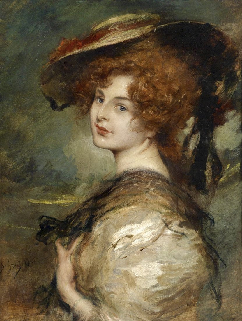Portrait of a Lady with Red Hair and Hat, vintage artwork by Leopold Schmutzler, 12x8" (A4) Poster