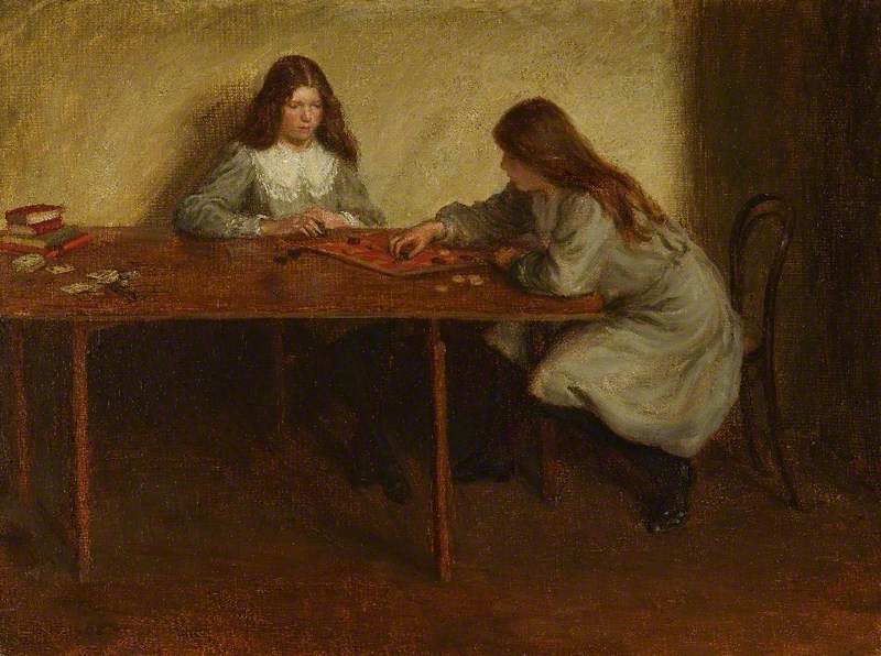 Playing Draughts, the Artist's Sisters by Brian Hatton,16x12(A3) Poster