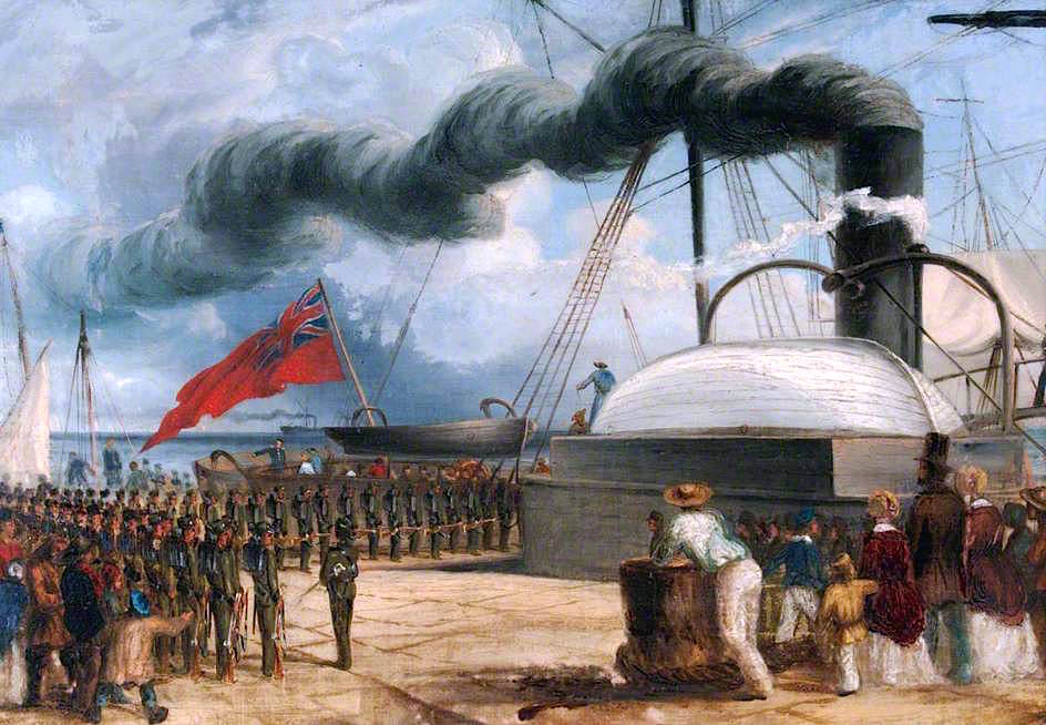 The Battalion Embarks at Dover on HM Steamship 'Magaera' on 2 January 1852, vintage artwork by Thomas Baines, A3 (16x12") Poster Print