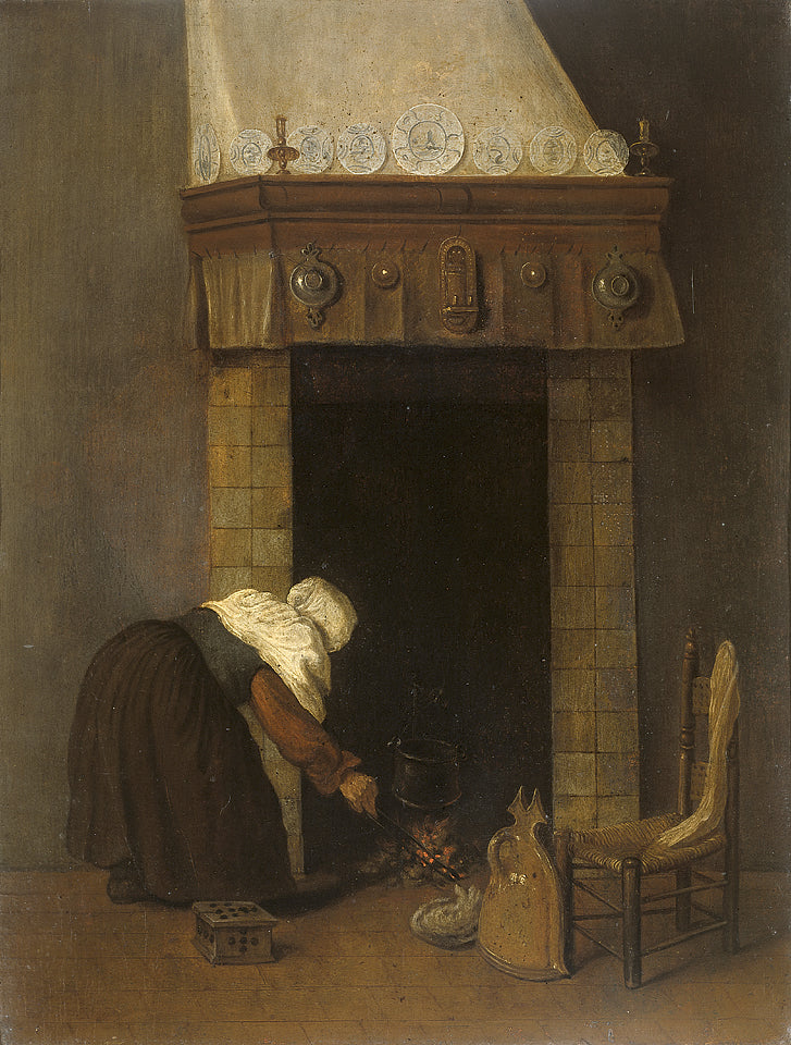 Woman by  a Fireplace, vintage artwork by Jacobus Vrel, 12x8" (A4) Poster