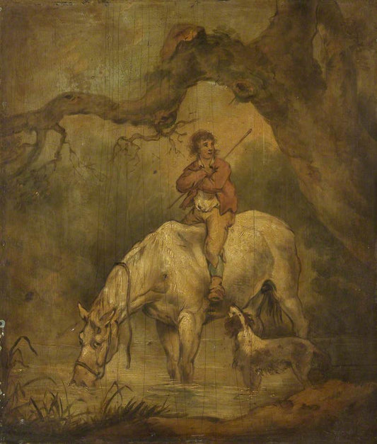 Boy Seated on a Drinking Horse, vintage artwork by Attributed to George Morland, 12x8" (A4) Poster