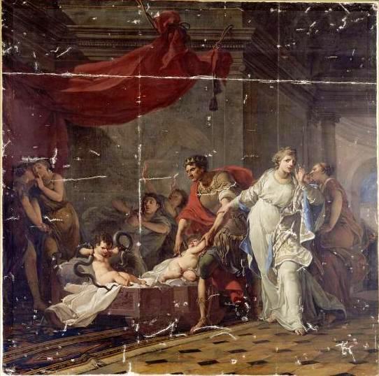 The Infant Hercules Strangling Serpents in his Cradle, vintage artwork by Hugues Taraval, 12x8" (A4) Poster
