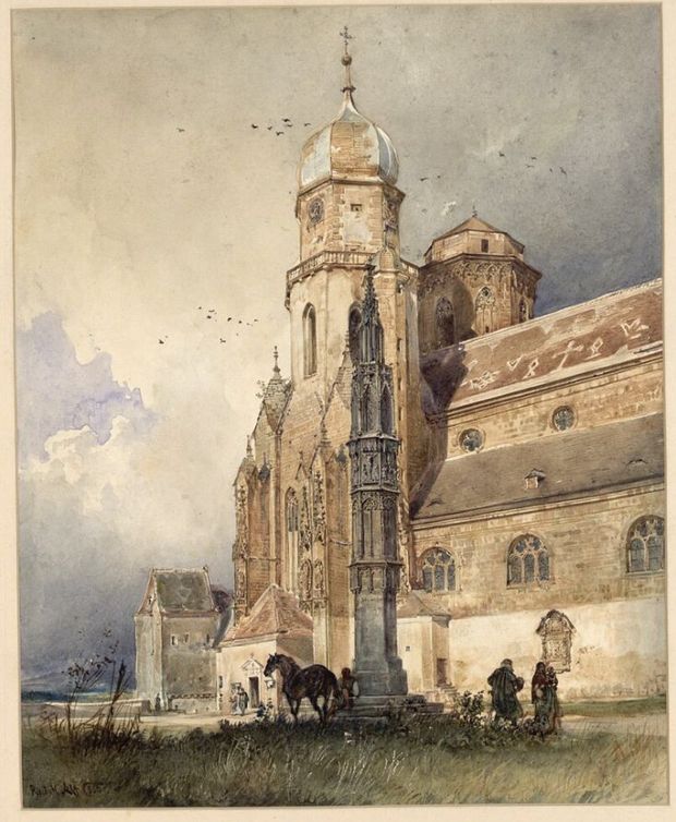 Die Stiftskirche von Klosterneuburg mit der Lichtsäule, vintage artwork by Rudolf von Alt, A3 (16x12") Poster Print