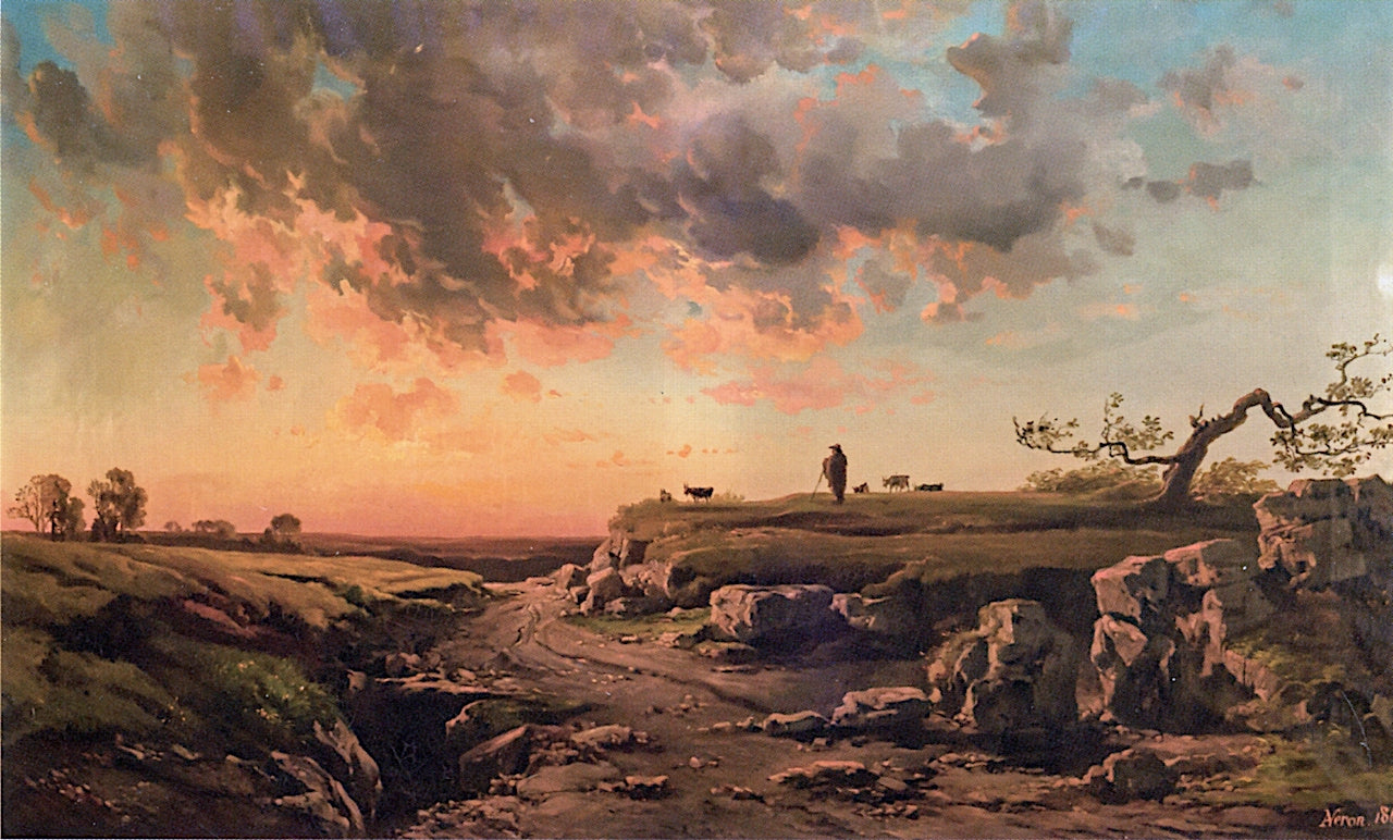 Goat Herder and Flock on a Low Bluff, Sunset, vintage artwork by Alexandre-Rene Veron, 12x8" (A4) Poster