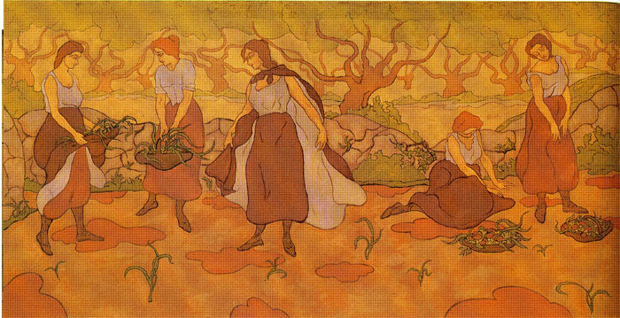Cinq femmes à la recolte, vintage artwork by Paul Ranson, 12x8