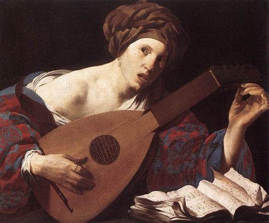 Woman Playing the Lute, vintage artwork by Hendrick Terbrugghen, 12x8" (A4) Poster