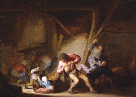 Interior with Drinking Figures and Crying Children, vintage artwork by Adriaen van Ostade, 12x8" (A4) Poster