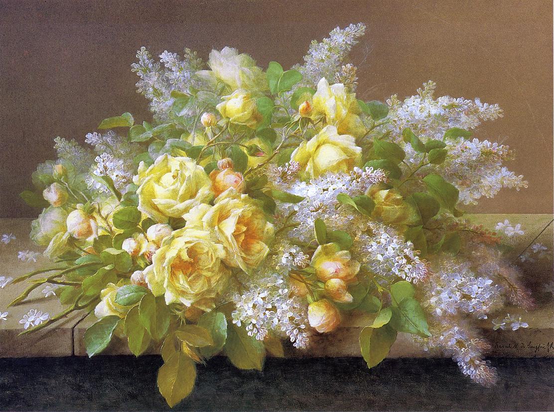 Yellow Roses and Lilacs, vintage artwork by Paul De Longpre, 12x8" (A4) Poster