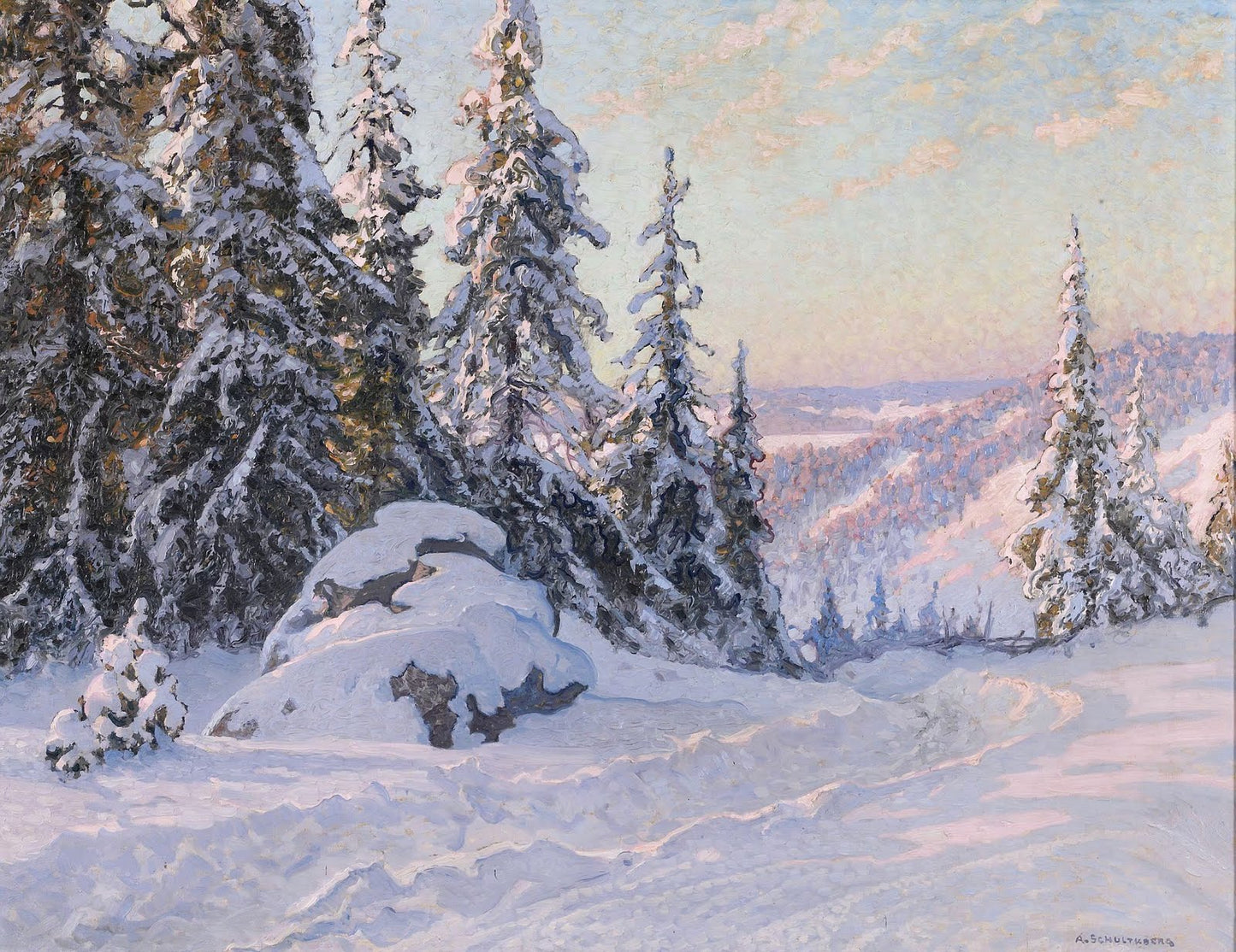 Winter Landscape, Filipstads Bergslag, vintage artwork by Anshelm Schultzberg, 12x8" (A4) Poster