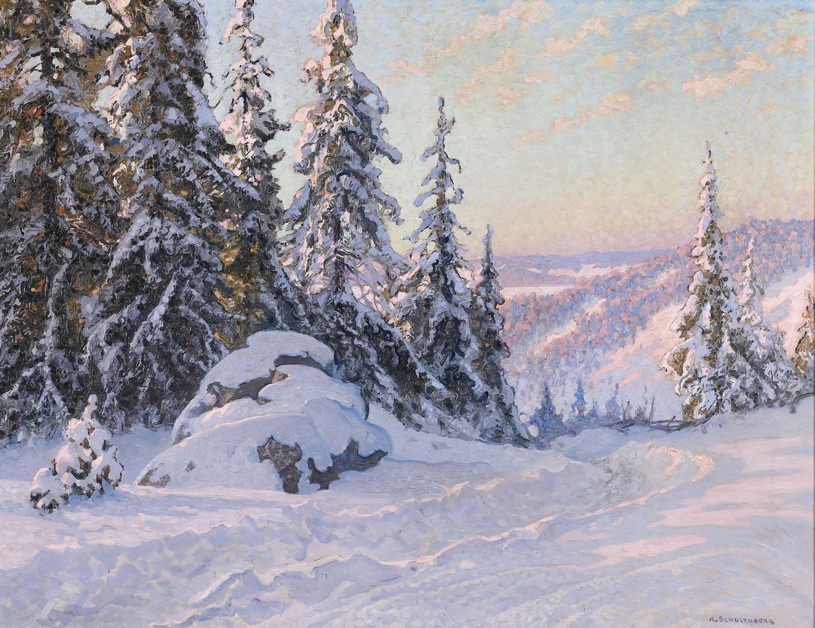 Winter Landscape, Filipstads Bergslag, vintage artwork by Anshelm Schultzberg, 12x8" (A4) Poster