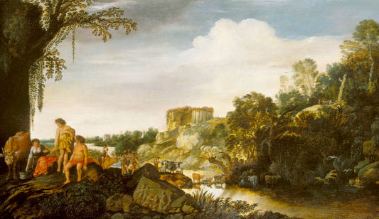 Landscape with an Arcadian Scene, vintage artwork by Moses van Uyttenbroeck, 12x8" (A4) Poster