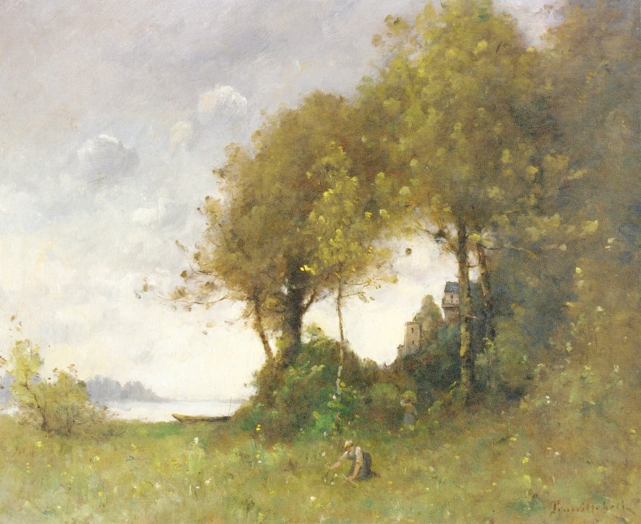 Woman Picking Flowers by  the Water, vintage artwork by Paul-Desire Trouillebert, 12x8" (A4) Poster