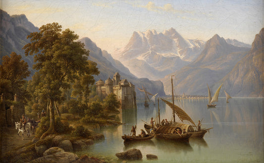Lake Geneva with Views of Chateau Chillon, vintage artwork by Henry Jaeckel, 12x8" (A4) Poster