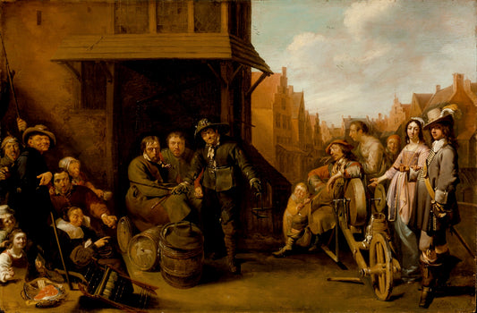 Street Scene with Knife Grinder and Elegant Couple, vintage artwork by Jacob Duck, 12x8" (A4) Poster