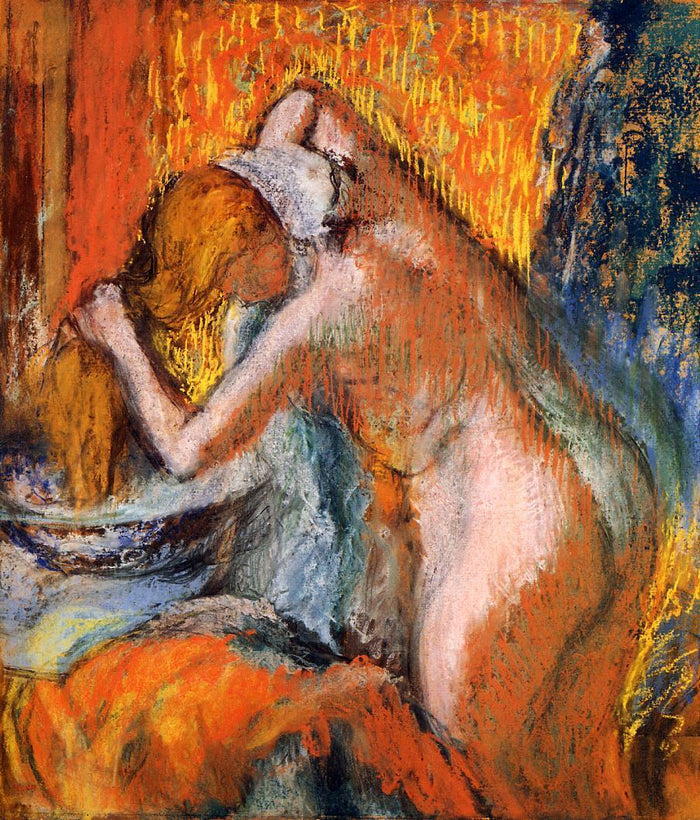 After the Bath, Woman Drying Her Hair, vintage artwork by Edgar Degas, 12x8