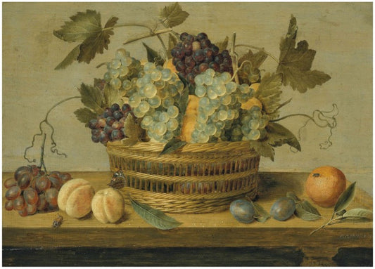 Nectarines and grapes in a basket on a table, with plums, oranges, a butterfly and a beetle, vintage artwork by Jacob van Hulsdonck, 12x8" (A4) Poster