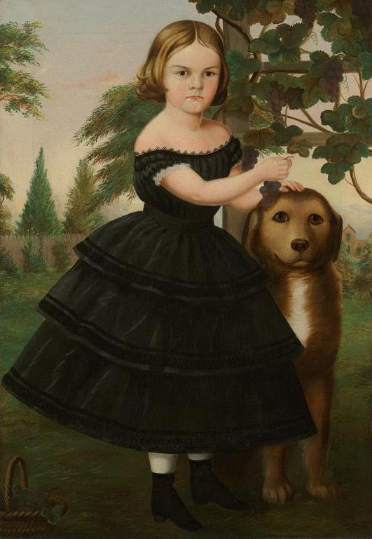 Portrait of a Girl and Her Dog in a Grape Arbor, vintage artwork by Susan Catherine Waters, 12x8" (A4) Poster
