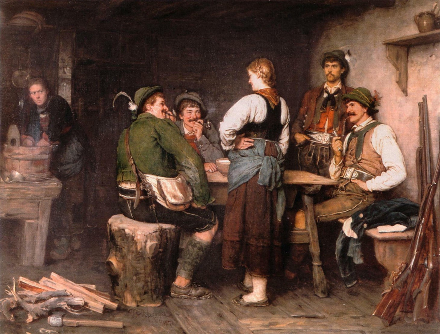 Poachers in the Sennhütte, vintage artwork by Franz von Defregger, 12x8" (A4) Poster