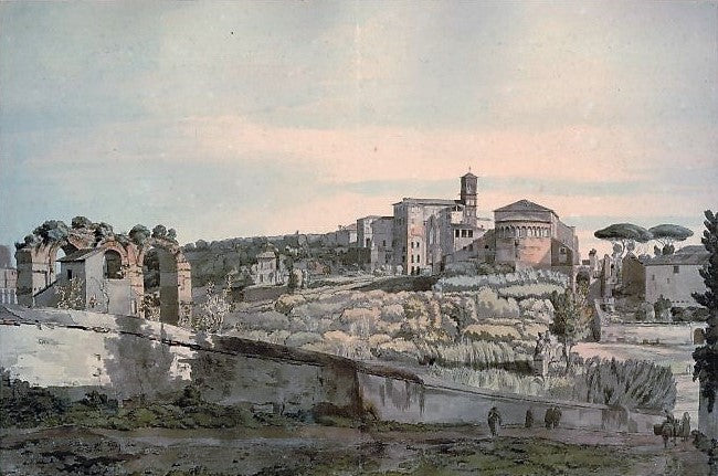 View from the Palatine Hill, SS Giovanni e Paolo, Rome, vintage artwork by Francis Towne, 12x8" (A4) Poster