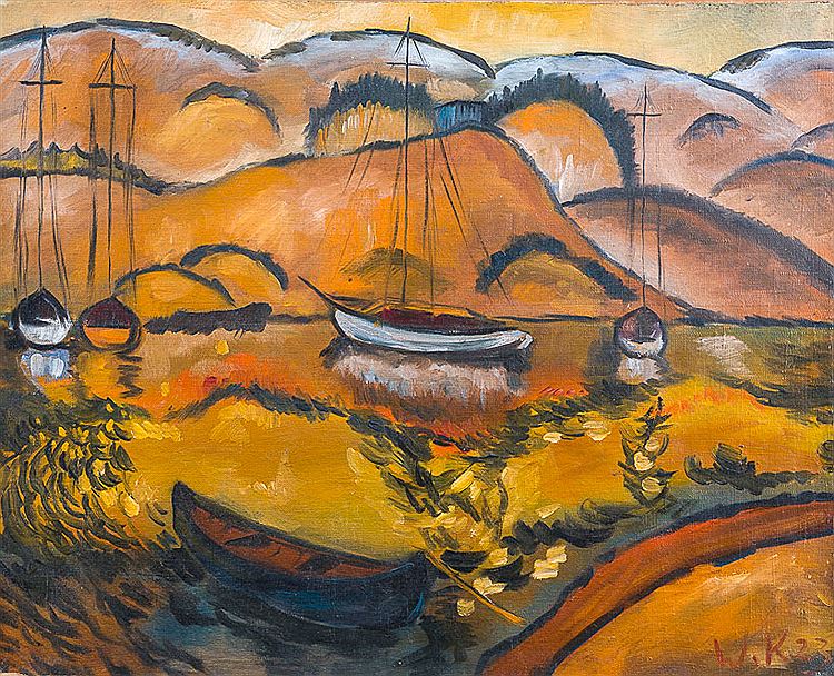Mountain lake with anchored boats by Johann Walter-Kurau,A3(16x12")Poster