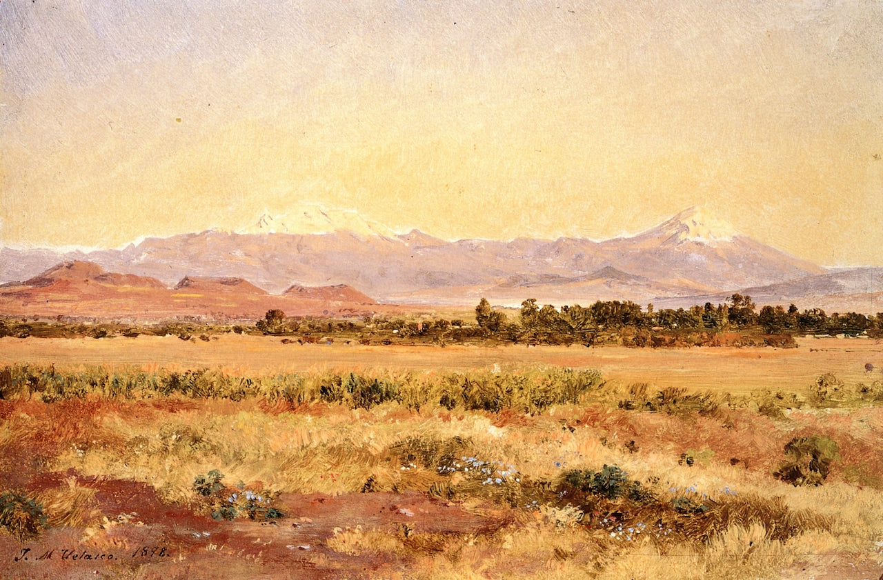 Los volcanes Popocatepetl e Iztaccíhuatl a la puesta del sol, vintage artwork by Jose María Velasco, 12x8" (A4) Poster