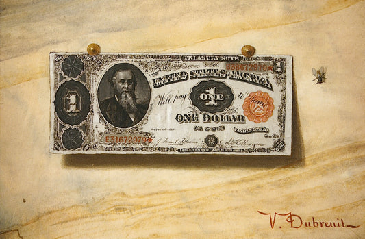 Tronpe L'Oeil Still Life with Dollar Bill and Fly, vintage artwork by Victor Dubreuil, 12x8" (A4) Poster
