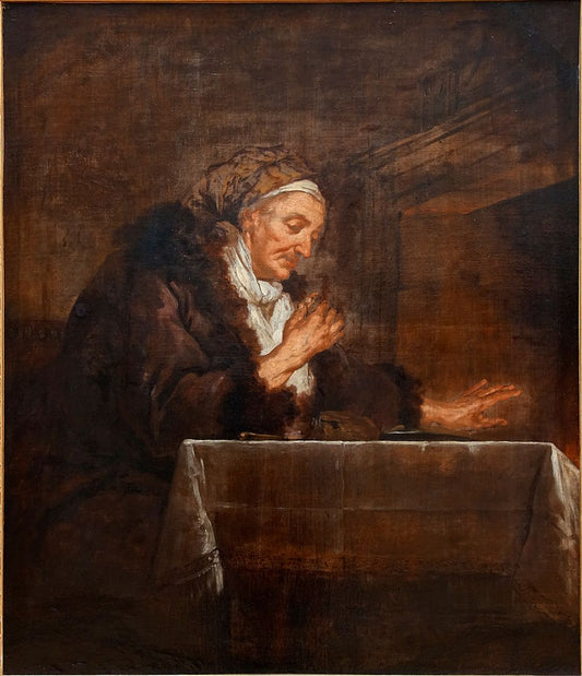 Old Woman Warming Her Hands by  the Fire, vintage artwork by Jean-François de Troy, 12x8" (A4) Poster