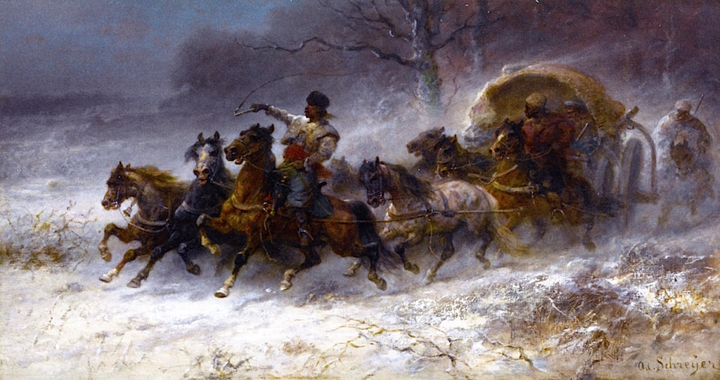 Wallachians on the Move in a Winter Landscape, vintage artwork by Adolf Christian Schreyer, 12x8" (A4) Poster