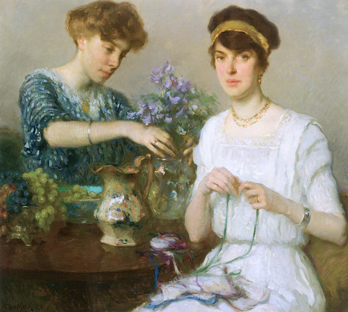 The Artist's Wife and Her Sister Arranging Flowers, vintage artwork by Francis Luis Mora, 12x8" (A4) Poster