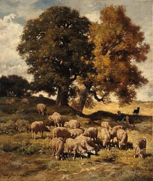 Sheep in the Pastures, vintage artwork by Charles-Émile Jacque, A3 (16x12") Poster Print