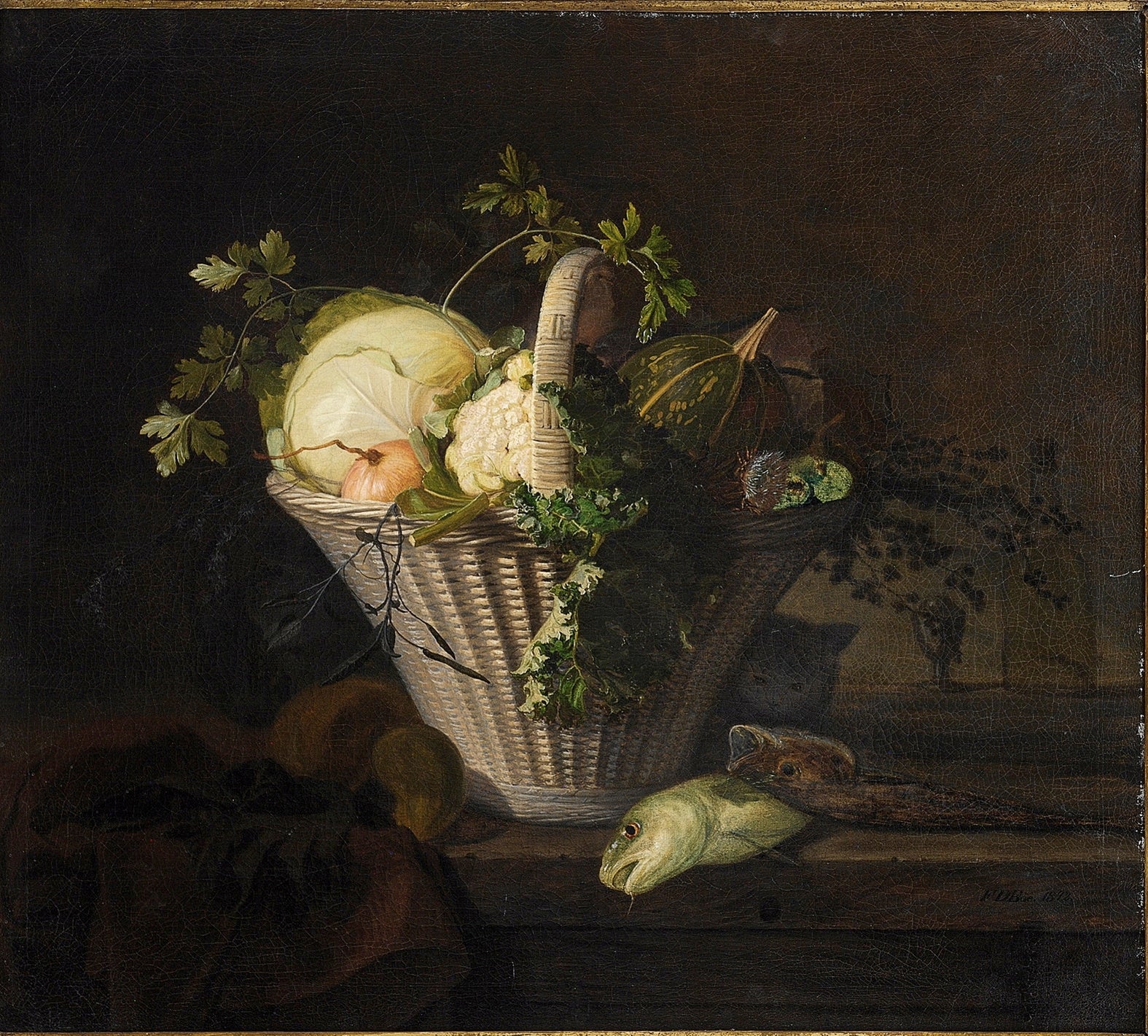 Still Life with Basket of Vegetables and Fish, vintage artwork by Frants Diderik Bøe, A3 (16x12") Poster Print