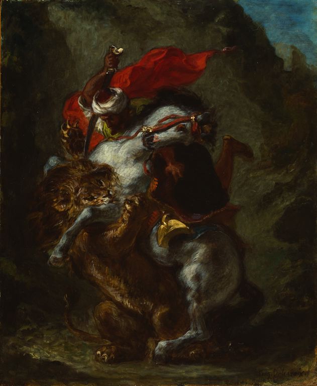Arab Horseman Attacked by  a Lion, vintage artwork by Eugène Delacroix, A3 (16x12") Poster Print