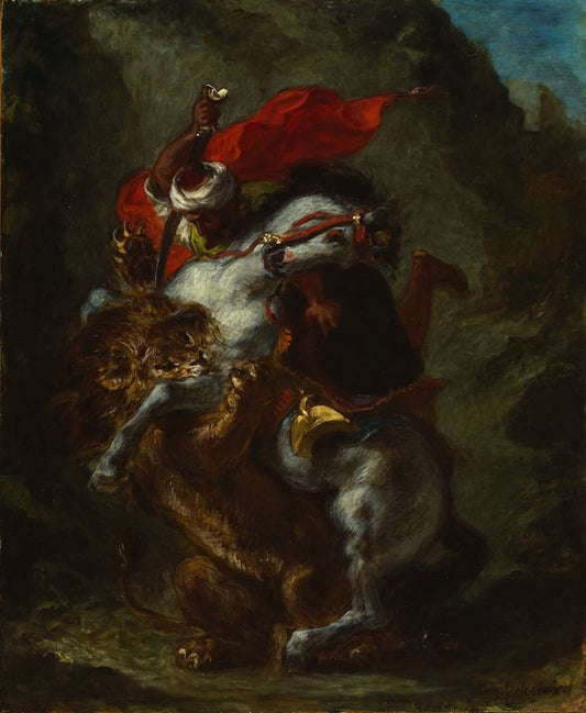 Arab Horseman Attacked by  a Lion, vintage artwork by Eugène Delacroix, A3 (16x12") Poster Print