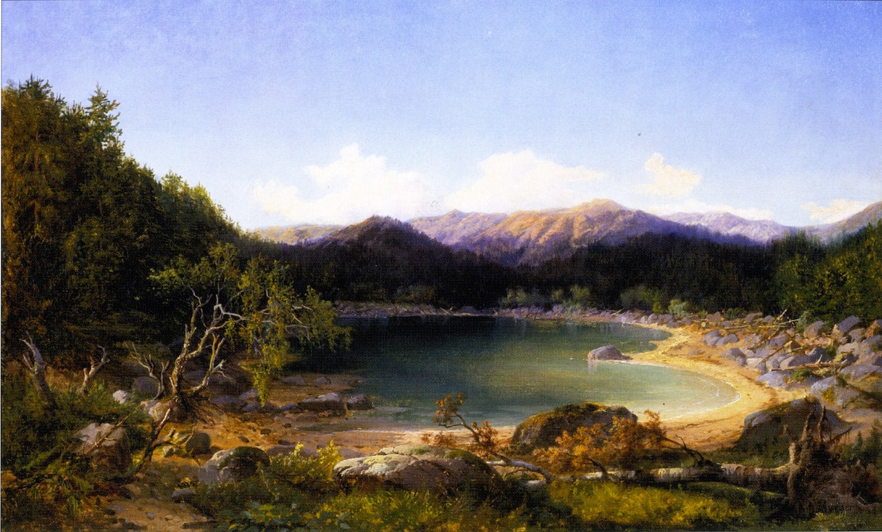Mountain Lake Scene, vintage artwork by Gilbert Munger, 12x8" (A4) Poster