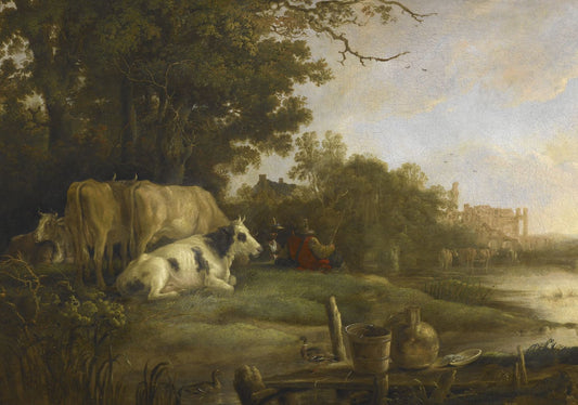 Cows in a Pasture Beside a River before the Ruins of the Abbey of Rijnsburg, vintage artwork by Aelbert Cuyp, 12x8" (A4) Poster