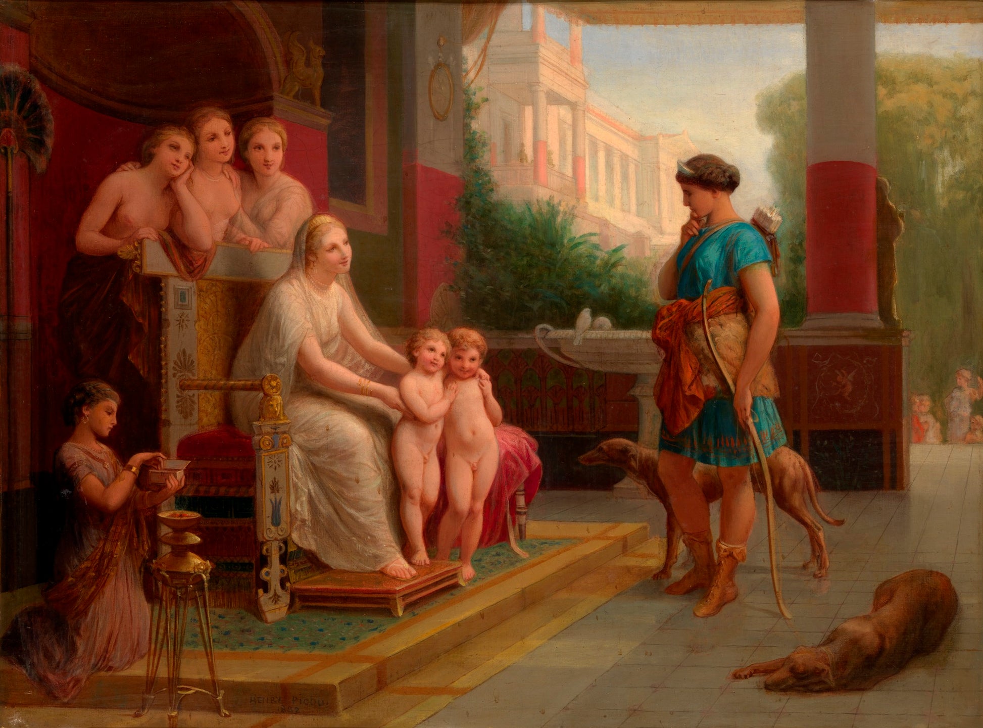 Two Boys Presented to Diana with The Three Graces Beyond, vintage artwork by Henri Pierre Picou, 12x8" (A4) Poster