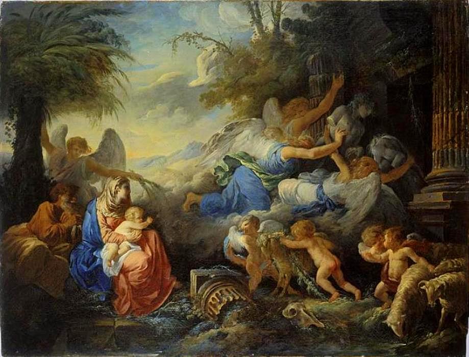 The fall of Idols and the Rest During the Flight into Egypt, vintage artwork by Jean-Jacques Lagrenee, 12x8" (A4) Poster