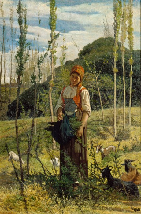 Peasant Girl in the Forest, vintage artwork by Giovanni Fattori, 12x8" (A4) Poster