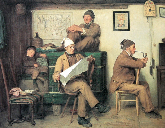 The Farmers and the Newspaper, vintage artwork by Albert Anker, 12x8" (A4) Poster
