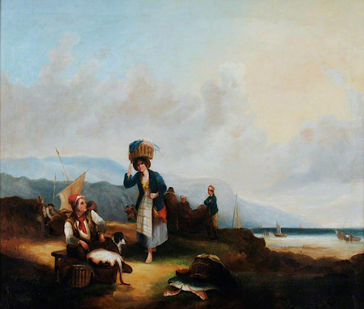 Fisher Folk at Brading, Isle of Wight, vintage artwork by William Shayer Snr, 12x8" (A4) Poster