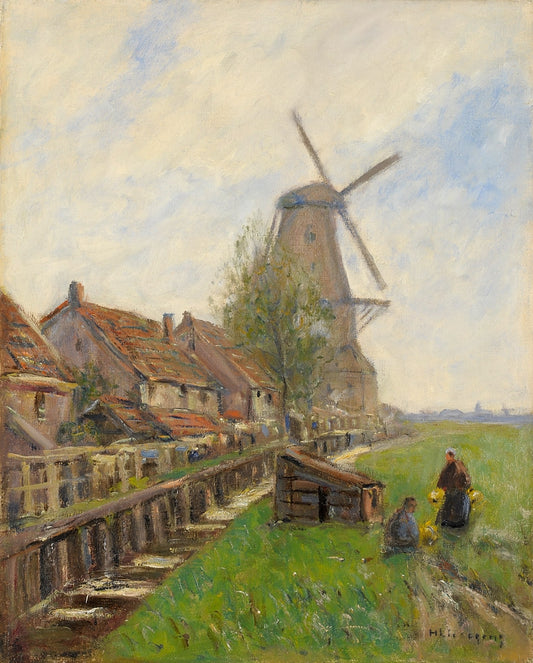 Village view with windmill, vintage artwork by Helmut Liesegang, 12x8" (A4) Poster