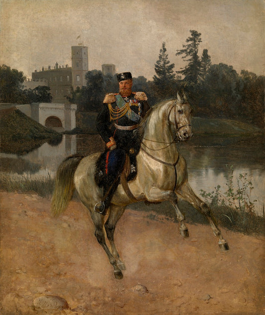 Portrait of Alexander III on Horseback at Gatchina, vintage artwork by Nikolai Shilder, 12x8" (A4) Poster