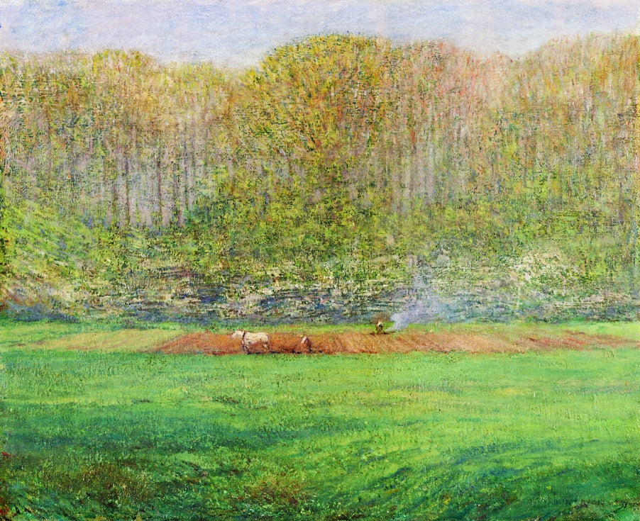 Spring Landscape with a Farmer and White Horse, vintage artwork by Dwight W. Tryon, 12x8" (A4) Poster