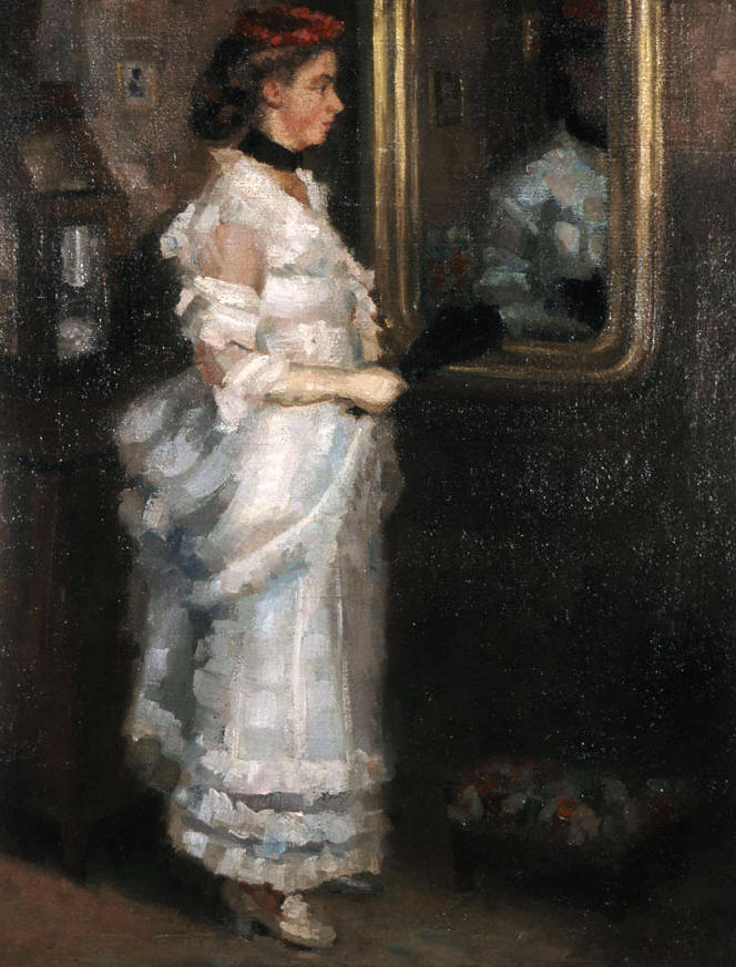 Lady with Fan at a Mirror, vintage artwork by Periklis Pantazis, 12x8" (A4) Poster