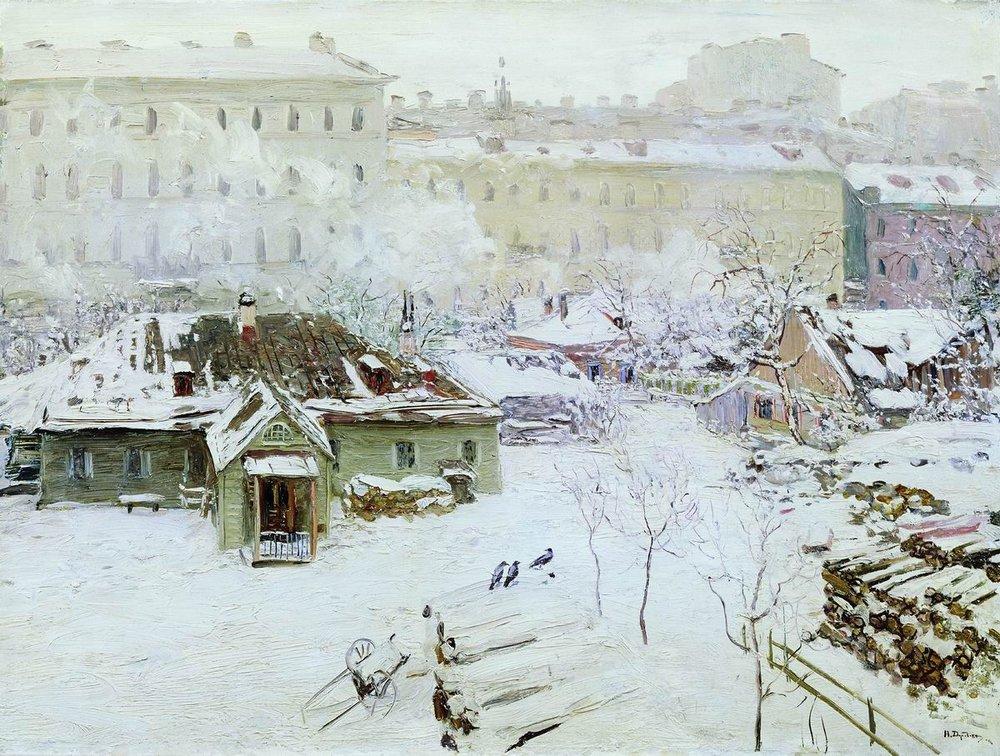 The First Snow, vintage artwork by Nikolai Nikanorovich Dubovskoy, 12x8" (A4) Poster