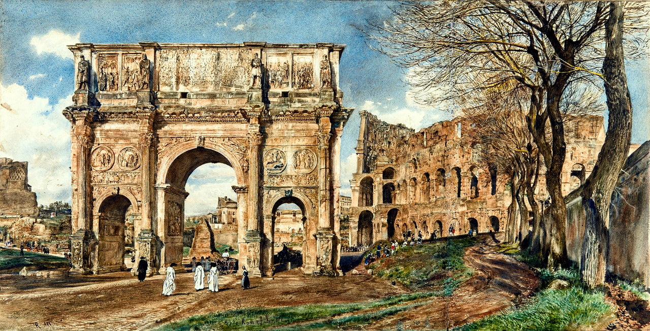 The Arch of Constantine and the Colosseum, Rome, vintage artwork by Rudolf von Alt, A3 (16x12") Poster Print