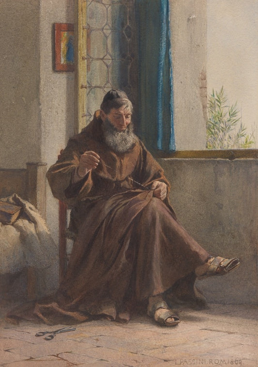Monk Sewing, vintage artwork by Ludwig Johann Passini, 12x8" (A4) Poster
