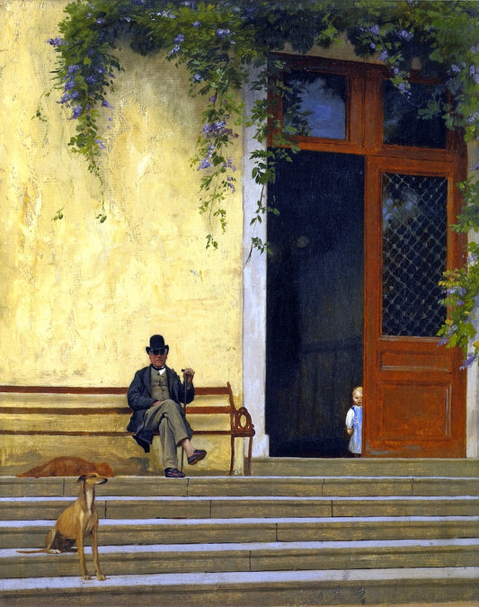 The Artist's Father and Son on the Doorstep of His House, vintage artwork by Jean-Leon Gerôme, 12x8" (A4) Poster