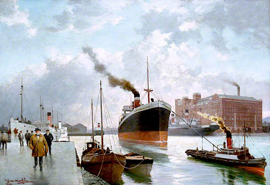 Pollock Dock, The Steamer 'City of Wellington' Being Tugged, vintage artwork by Thomas Eyre Macklin, 12x8" (A4) Poster