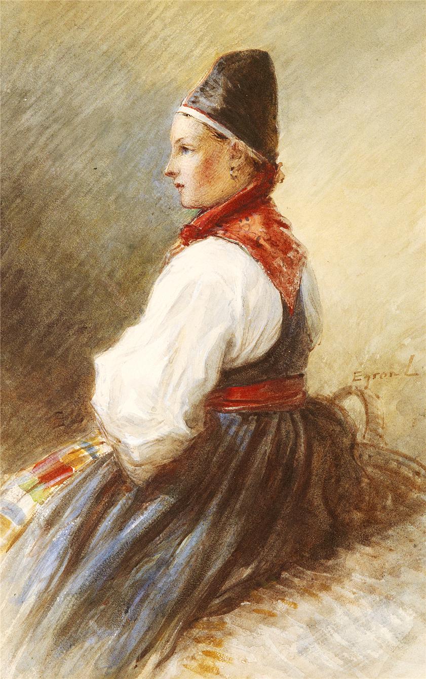 Girl in Folk Costume, vintage artwork by Egron Sillif Lundgren, A3 (16x12") Poster Print